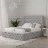 Upholstered storage bed in grey plush