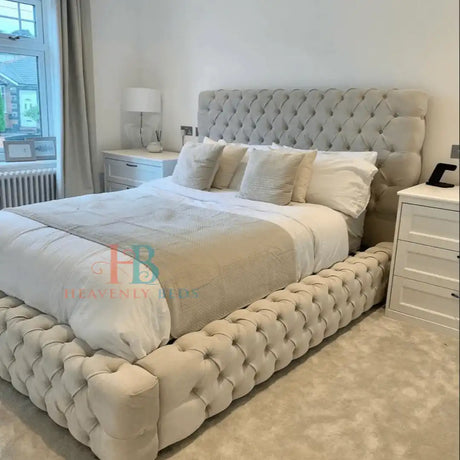 Upholstered Bespoke Fabric Bed Frame in cream plush velvet