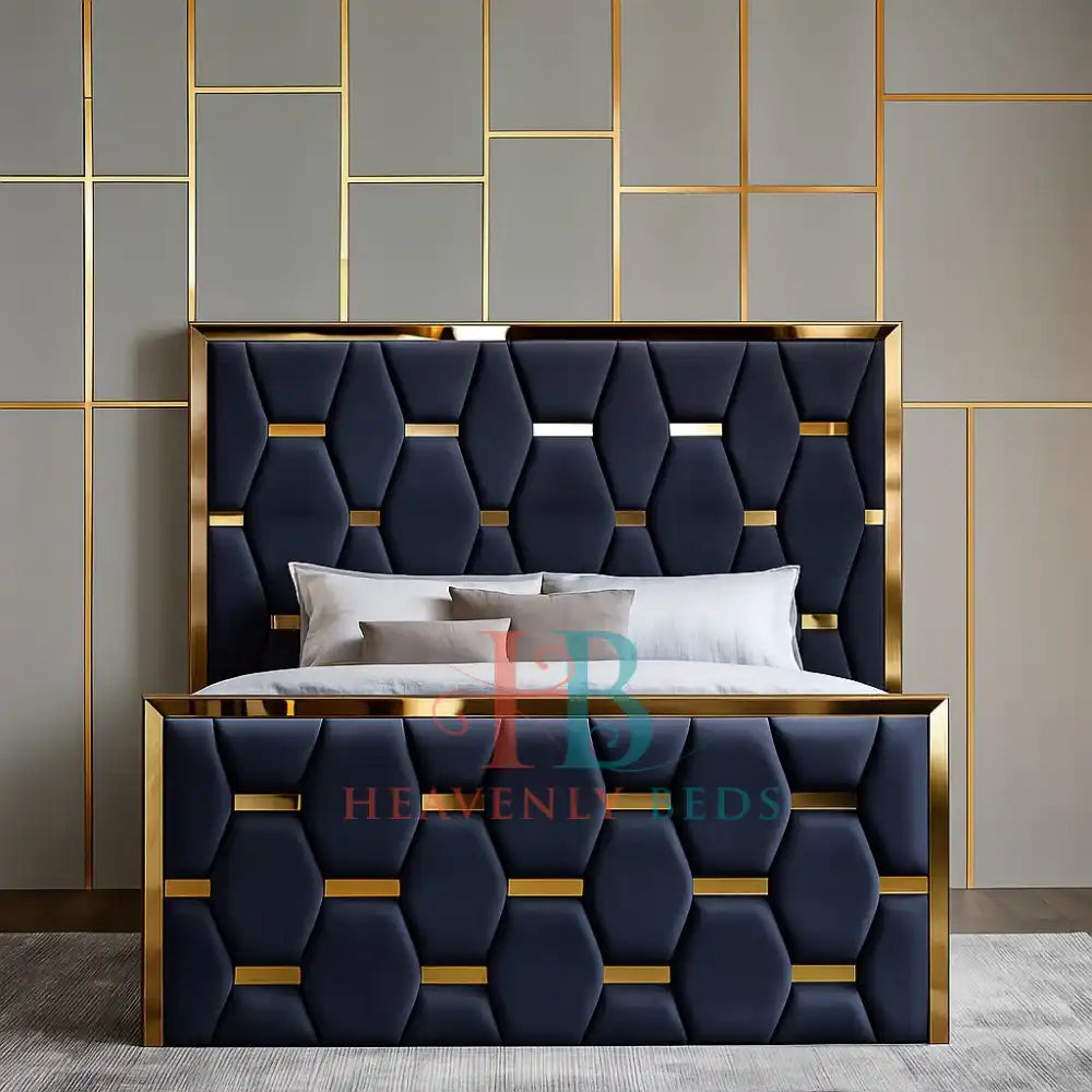 Deluxe Slate Plush Mirror Bed Frame with Gas Lift – Gold Trim Finish - USA