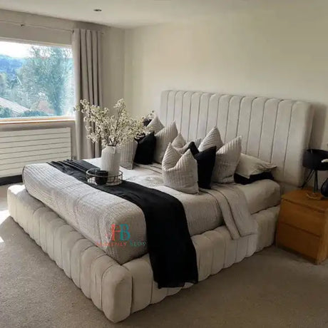 Thick Panelled Bed Frame - Cream Velvet Super King