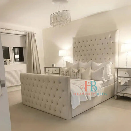 Storage Bed Frame With Tall 75" Headboard - 5ft Kingsize - Cream Plush Velvet