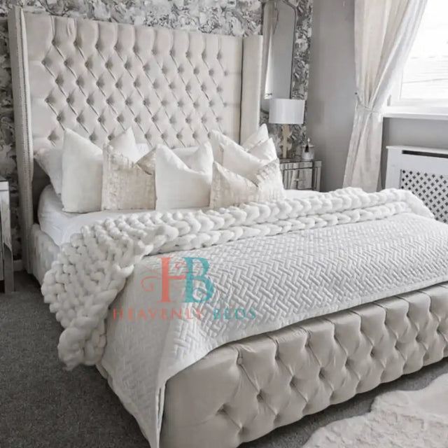 Zara Wingback Bed Frame Pictured With 70" Tall Headboard - USA - Heavenlybeds
