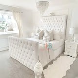 Bed Frame With Tall 75" Headboard - 5ft Kingsize - White Velvet