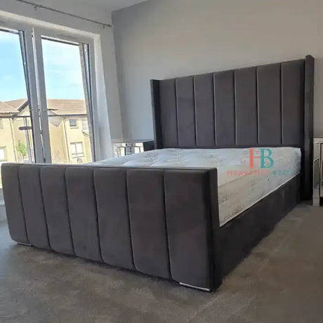 Wingback Bed Frame in slate plush velvet - King Size storage bed with High Base