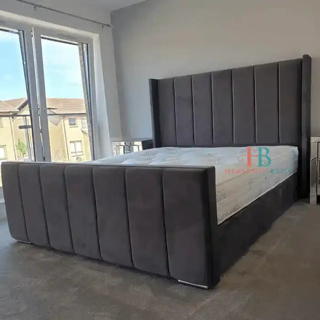 Wingback Bed Frame in slate plush velvet - King Size storage bed with High Base