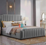 Sleigh bed frame with metal gas lift storage - Silver plush velvet